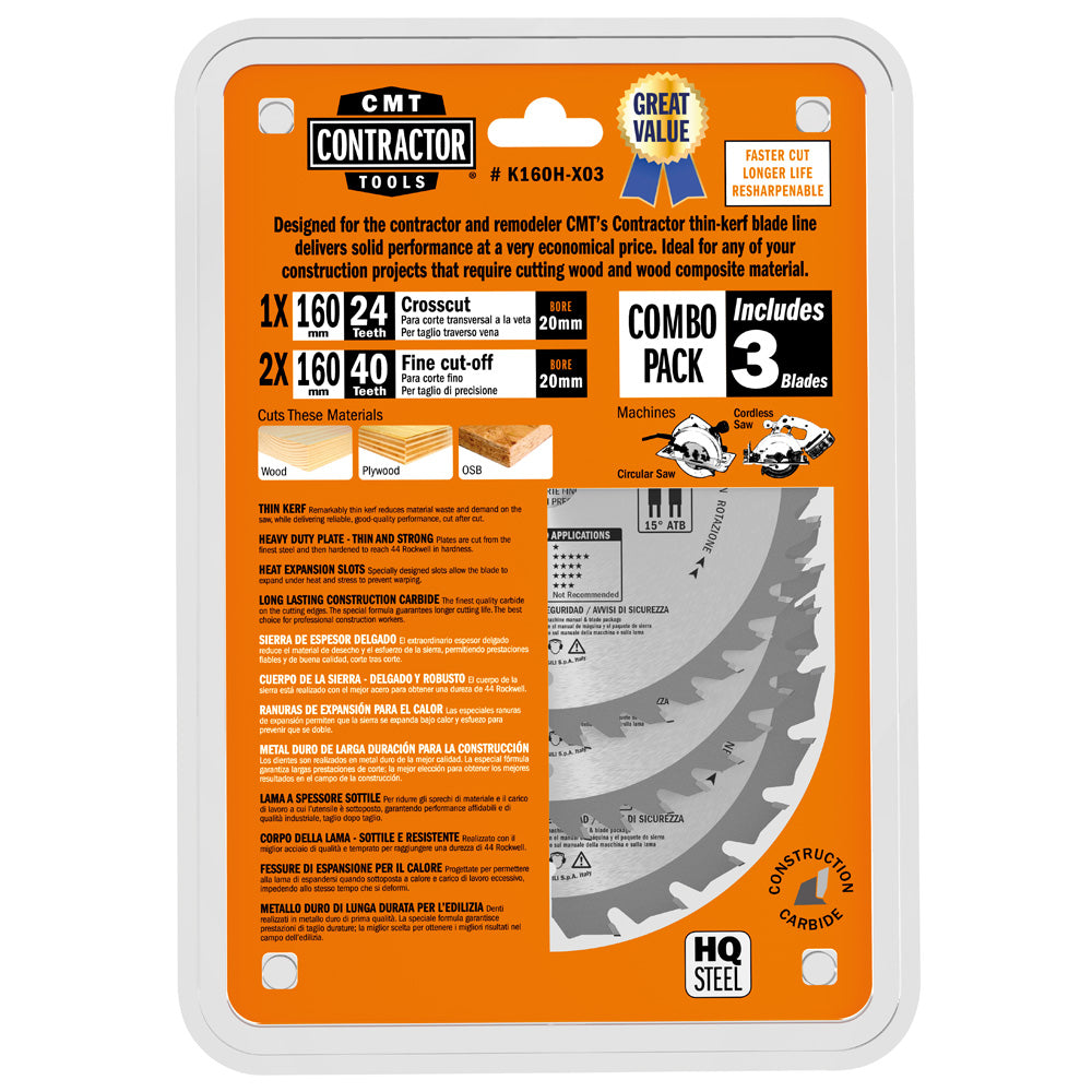 CMT Orange Tools K160H-X03 Contractor circular saw blades Combo pack K CONTRACTOR® Hardware Hardware Tools Circular saw blades CMT Contractor Tools® - ITKPlus® Woodworking Tools and accessories Ireland Maginn Machinery 03