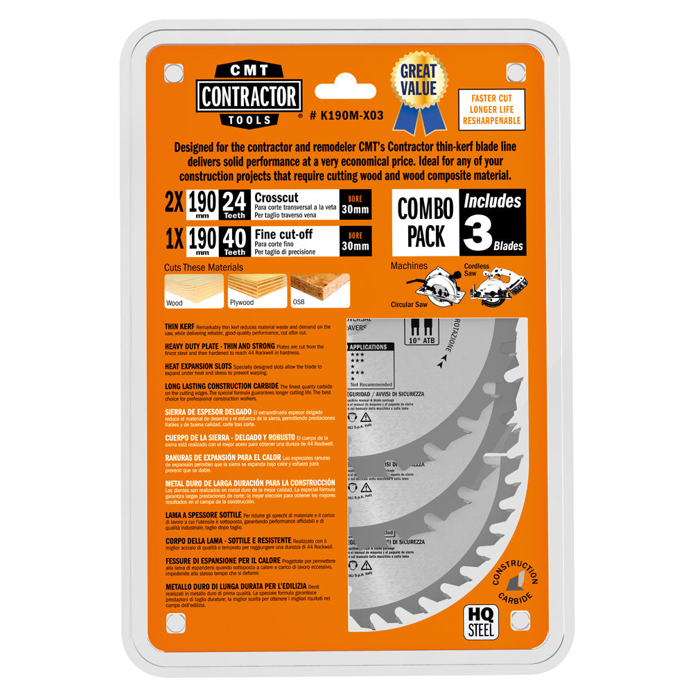 CMT Orange Tools K160H-X03 Contractor circular saw blades Combo pack K CONTRACTOR® Hardware Hardware Tools Circular saw blades CMT Contractor Tools® - ITKPlus® Woodworking Tools and accessories Ireland Maginn Machinery 04