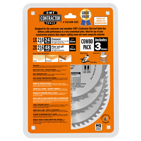 CMT Orange Tools K160H-X03 Contractor circular saw blades Combo pack K CONTRACTOR® Hardware Hardware Tools Circular saw blades CMT Contractor Tools® - ITKPlus® Woodworking Tools and accessories Ireland Maginn Machinery 05