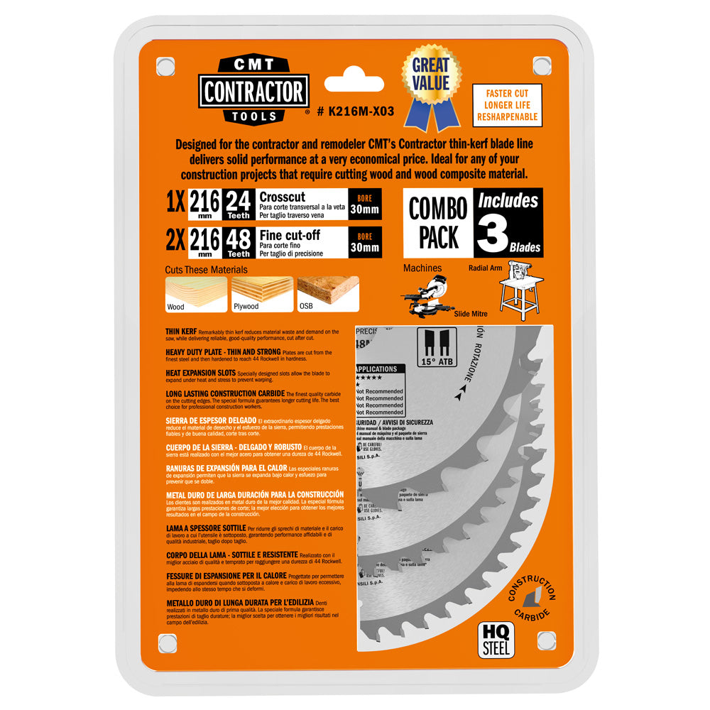 CMT Orange Tools K190M-X03 Contractor circular saw blades Combo pack K CONTRACTOR® Hardware Hardware Tools Circular saw blades CMT Contractor Tools® - ITKPlus® Woodworking Tools and accessories Ireland Maginn Machinery 05