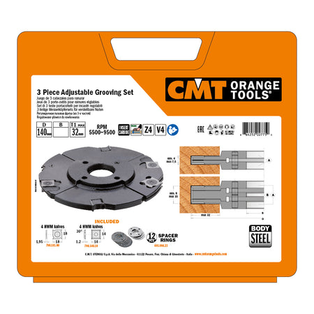 CMT Orange Tools 694.001.50 Adjustable Grooving Cutter Head Set (3 pcs.) industrial industrial Tools Cutter heads & knives Woodworking Tools and accessories Ireland Maginn Machinery 04
