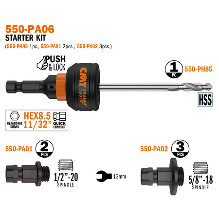 CMT Orange Tools 550-PA06 550-PH PUSH&LOCK centering shafts and arbors Hardware Hardware Tools Hole saws Woodworking Tools and accessories Ireland Maginn Machinery 05