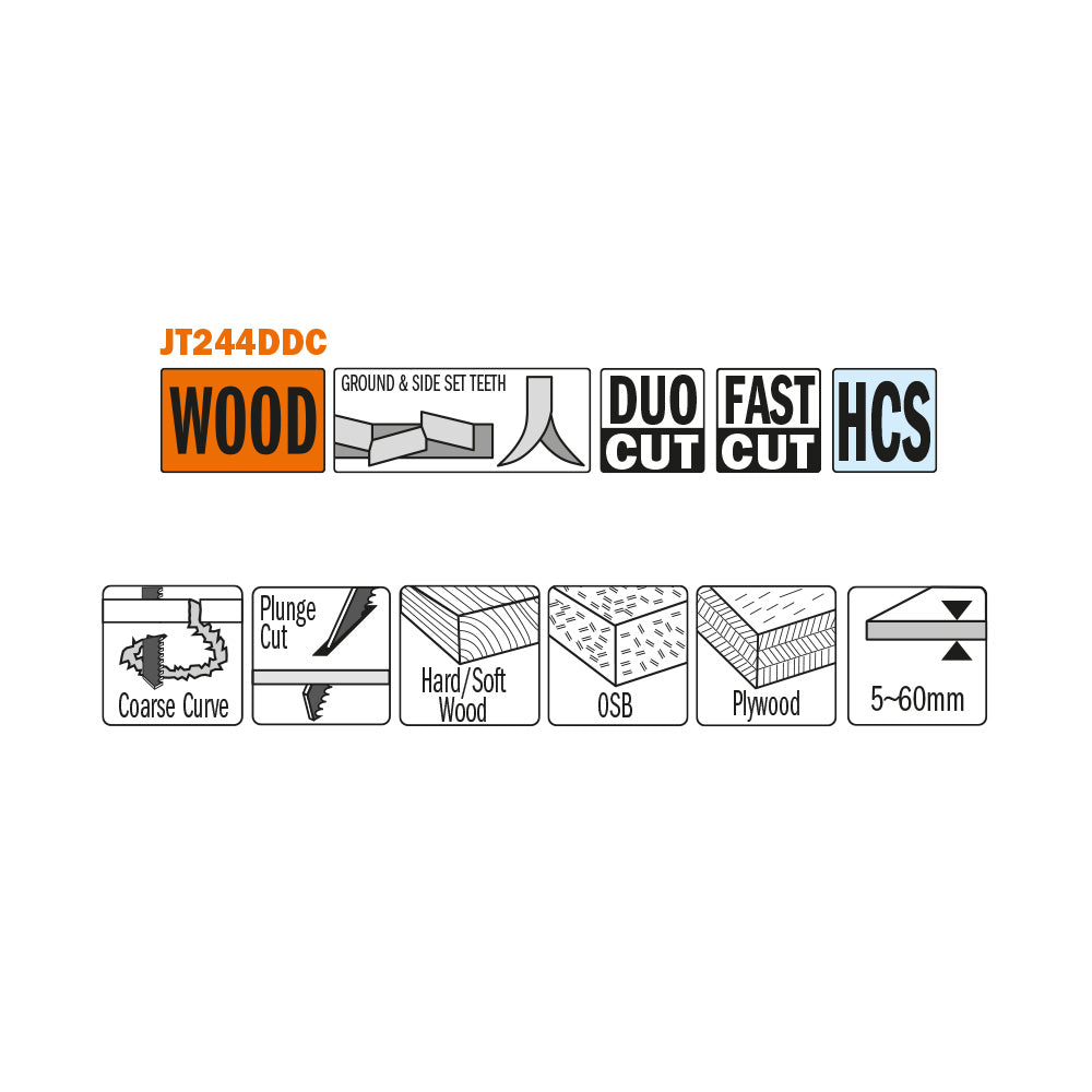 CMT Orange Tools JT244DDC-5 Fast, curve, coarse cut on soft and hardwood, plywood, OSB. Plunge cutting. Hardware Hardware Tools Jig saw blades Woodworking Tools and accessories Ireland Maginn Machinery 02