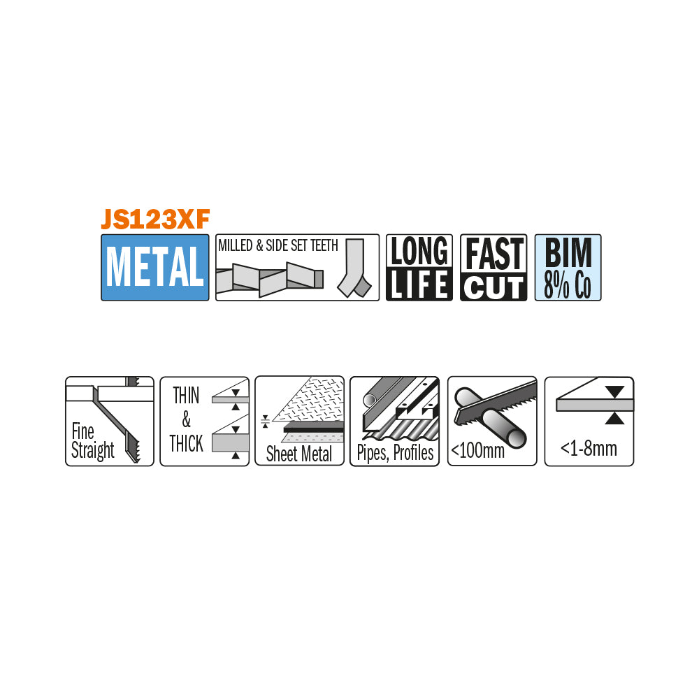 CMT Orange Tools JS123XF-5 For cutting thin to thick sheet metal, thin to thick profiles Hardware Hardware Tools Sabre - Reciprocating saw blades Woodworking Tools and accessories Ireland Maginn Machinery 02