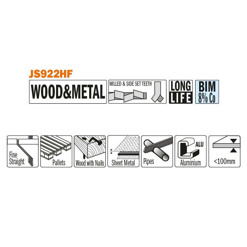 CMT Orange Tools JS922HF-5 Sabre saw for wood with nails, sheet metal, aluminium profiles Hardware Hardware Tools Sabre - Reciprocating saw blades Woodworking Tools and accessories Ireland Maginn Machinery 02