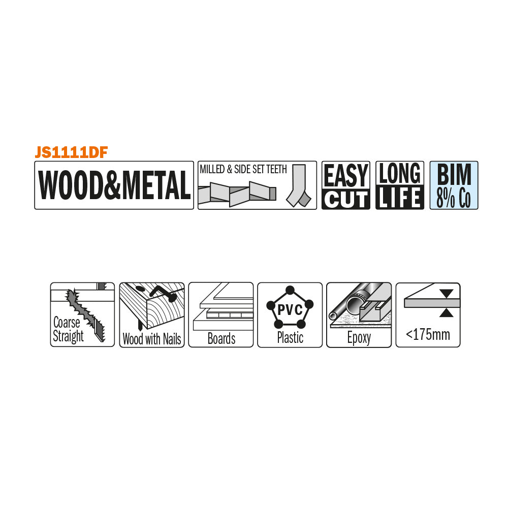 CMT Orange Tools JS1111DF-20 For cutting wood with nails or metal, glass fiber reinforced plastic, epoxy Hardware Hardware Tools Sabre - Reciprocating saw blades Woodworking Tools and accessories Ireland Maginn Machinery 02