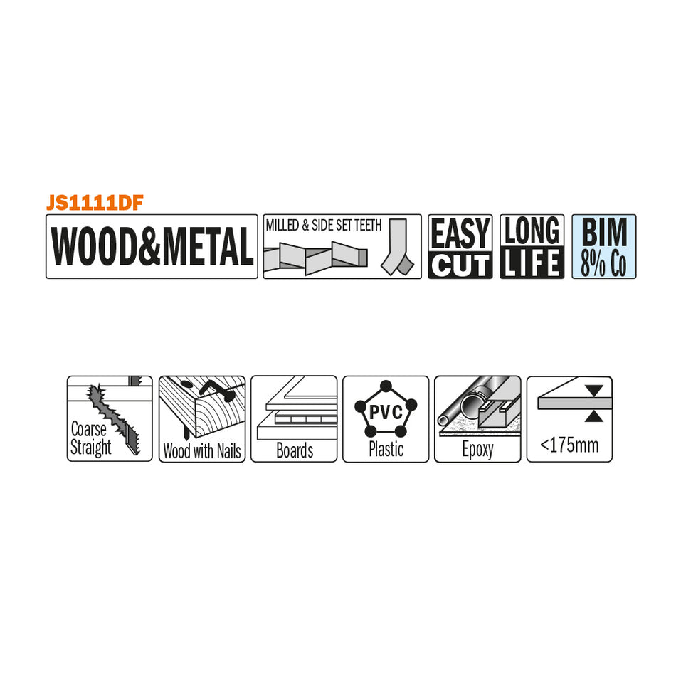 CMT Orange Tools JS1111DF-5 For cutting wood with nails or metal, glass fiber reinforced plastic, epoxy Hardware Hardware Tools Sabre - Reciprocating saw blades Woodworking Tools and accessories Ireland Maginn Machinery 02