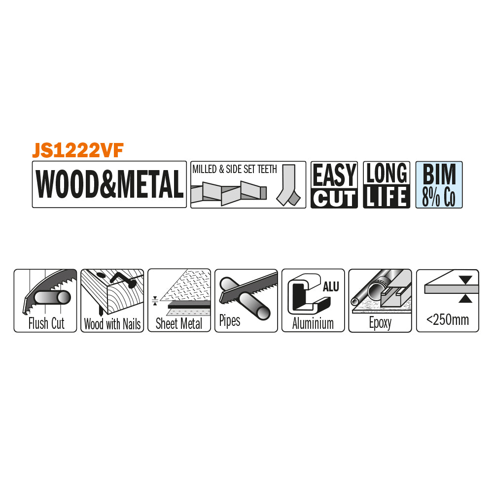 CMT Orange Tools JS1222VF-5 Cuts wood with metal, aluminium profiles, glass fiber, epoxy Hardware Hardware Tools Sabre - Reciprocating saw blades Woodworking Tools and accessories Ireland Maginn Machinery 02