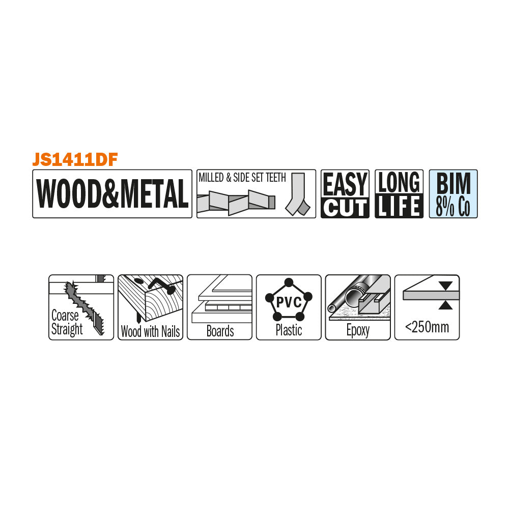 CMT Orange Tools JS1411DF-5 Cuts wood with nails/metal, chipboard, glass fiber reinforced plastic/epoxy Hardware Hardware Tools Sabre - Reciprocating saw blades Woodworking Tools and accessories Ireland Maginn Machinery 02