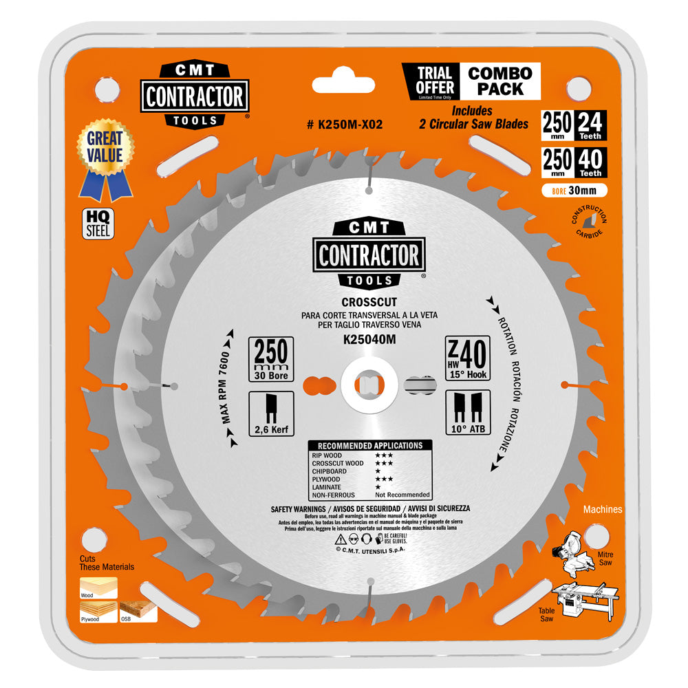 CMT Orange Tools K160H-X03 Contractor circular saw blades Combo pack K CONTRACTOR® Hardware Hardware Tools Circular saw blades CMT Contractor Tools® - ITKPlus® Woodworking Tools and accessories Ireland Maginn Machinery