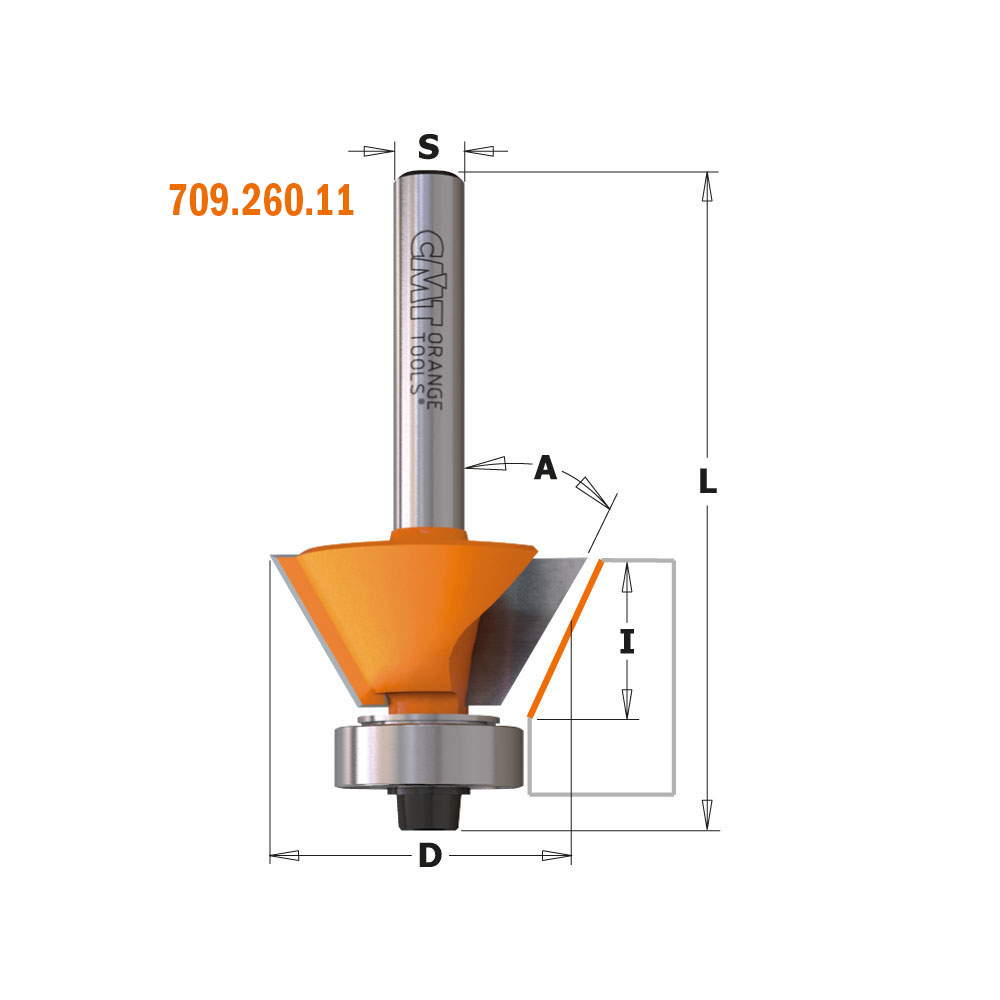 Fresa Para Biselar De 25° CMT 809.025.11 | Con Rodamiento | Diámetro 19.05 Mm, Vástago 6.35 Mm | Para Madera