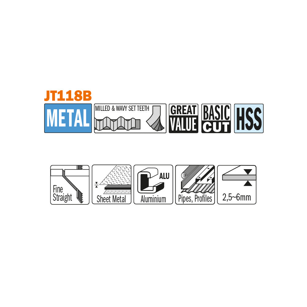 CMT Orange Tools JT118B-5 Straight cuts on medium-thick metals, ferrous and non-ferrous Hardware Hardware Tools Jig saw blades Woodworking Tools and accessories Ireland Maginn Machinery 02