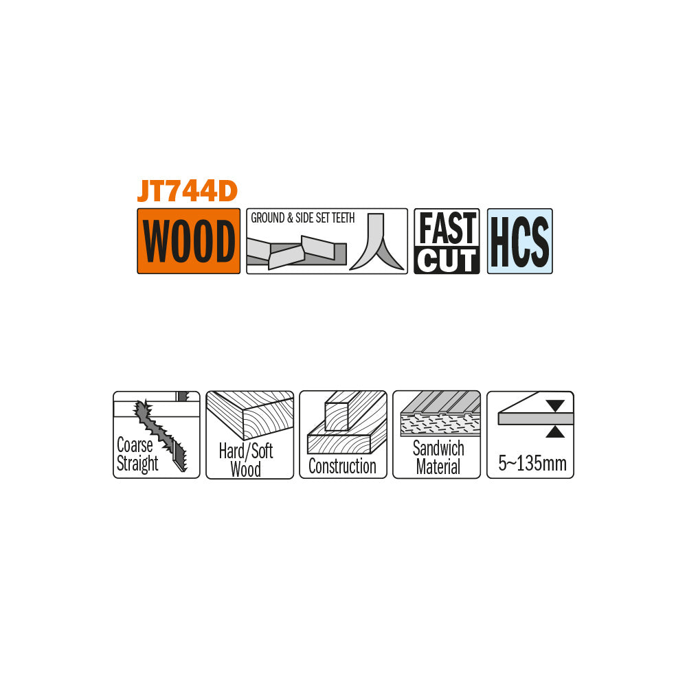 CMT Orange Tools JT744D-3 Very fast cuts, straight and coarse on thick construction timber, hard/softwood and sandwich material. Hardware Hardware Tools Jig saw blades Woodworking Tools and accessories Ireland Maginn Machinery 02