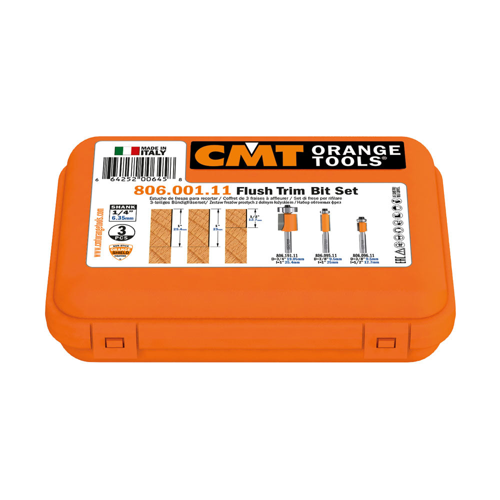 CMT Orange Tools 806.001.11 3 piece flush trim bit set industrial industrial Tools Router bit sets Woodworking Tools and accessories Ireland Maginn Machinery 03