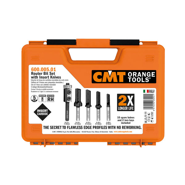 CMT Orange Tools 600.005.01 5 piece router bit set with insert knives Industrial Industrial Tools Router bit sets Woodworking Tools and accessories Ireland Maginn Machinery 03