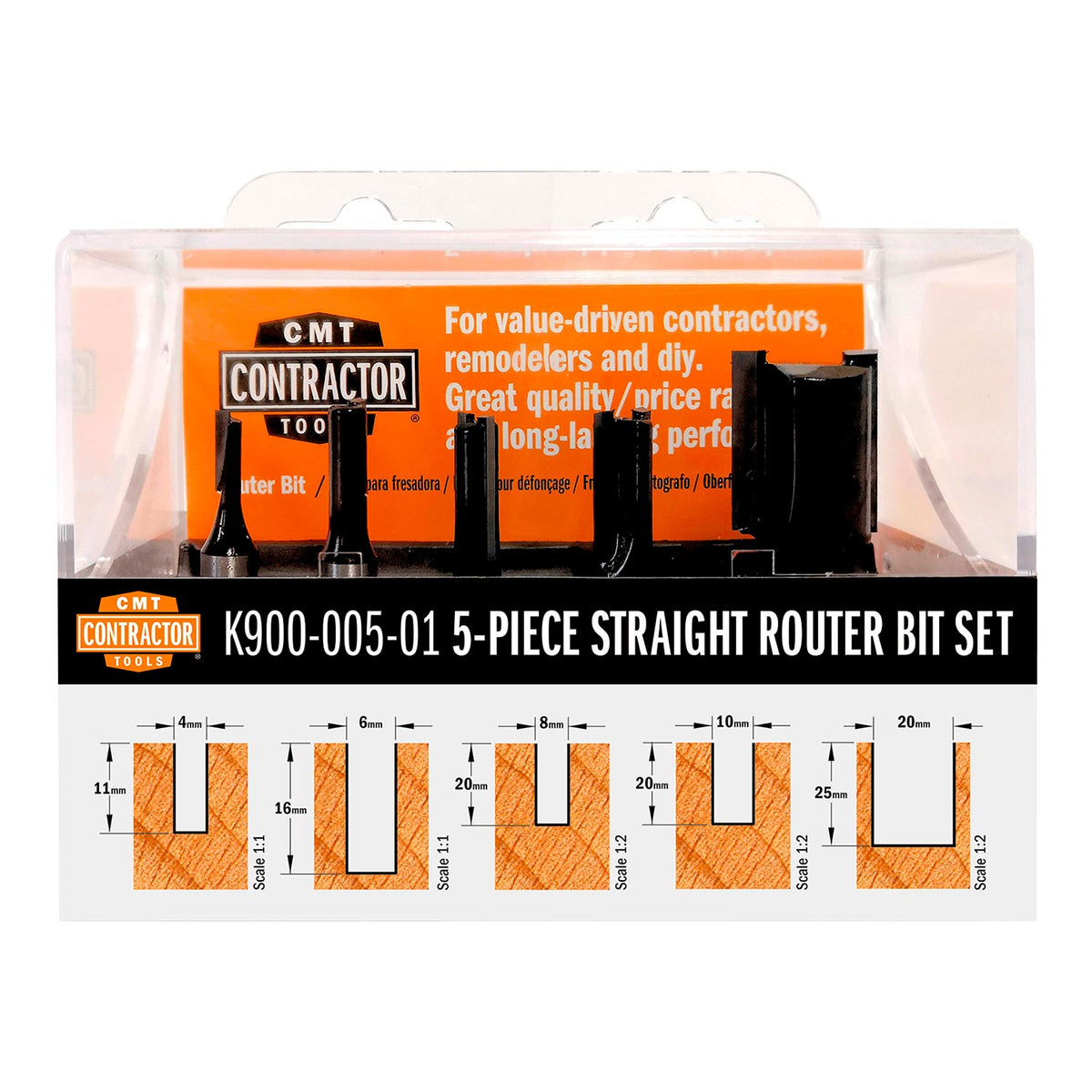 CMT Orange Tools K900-005-01 5-Piece Straight Router Bit Set - Contractor Hardware Hardware Tools Contractor router bits Woodworking Tools and accessories Ireland Maginn Machinery