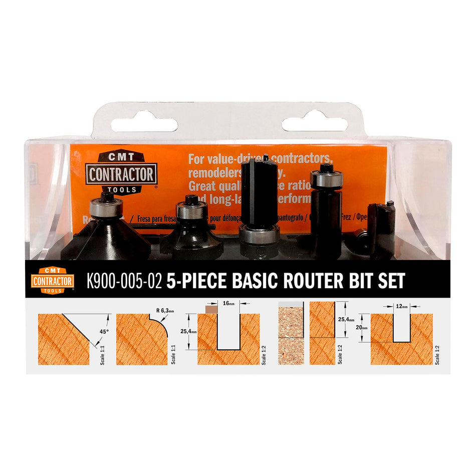 CMT Orange Tools K900-005-02 5-Piece Basic Router Bit Set - Contractor Hardware Hardware Tools Contractor router bits Woodworking Tools and accessories Ireland Maginn Machinery